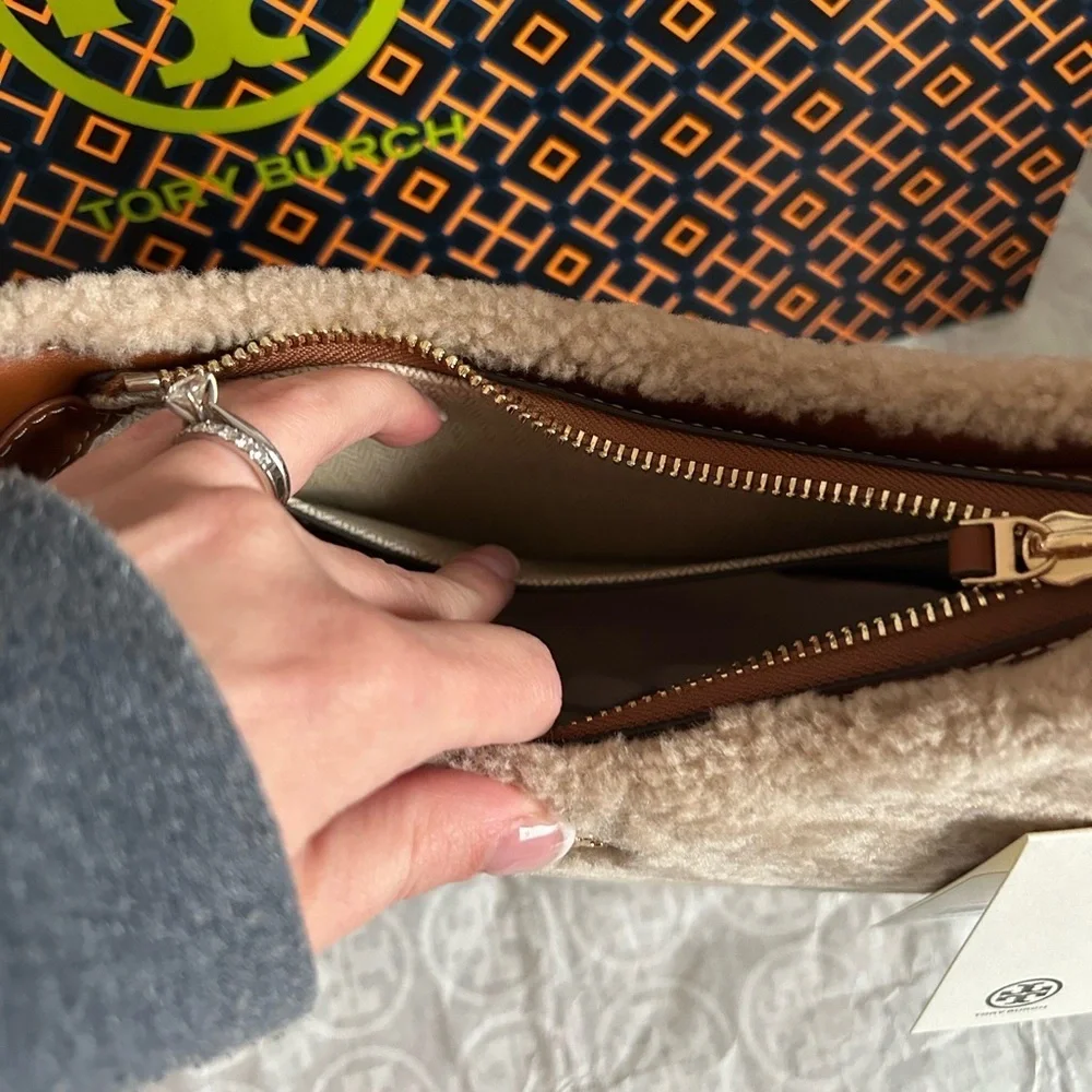 Tory Burch Emerson Shearling Shoulder Bag Fresh Wheat Gold Tan Brown Cream